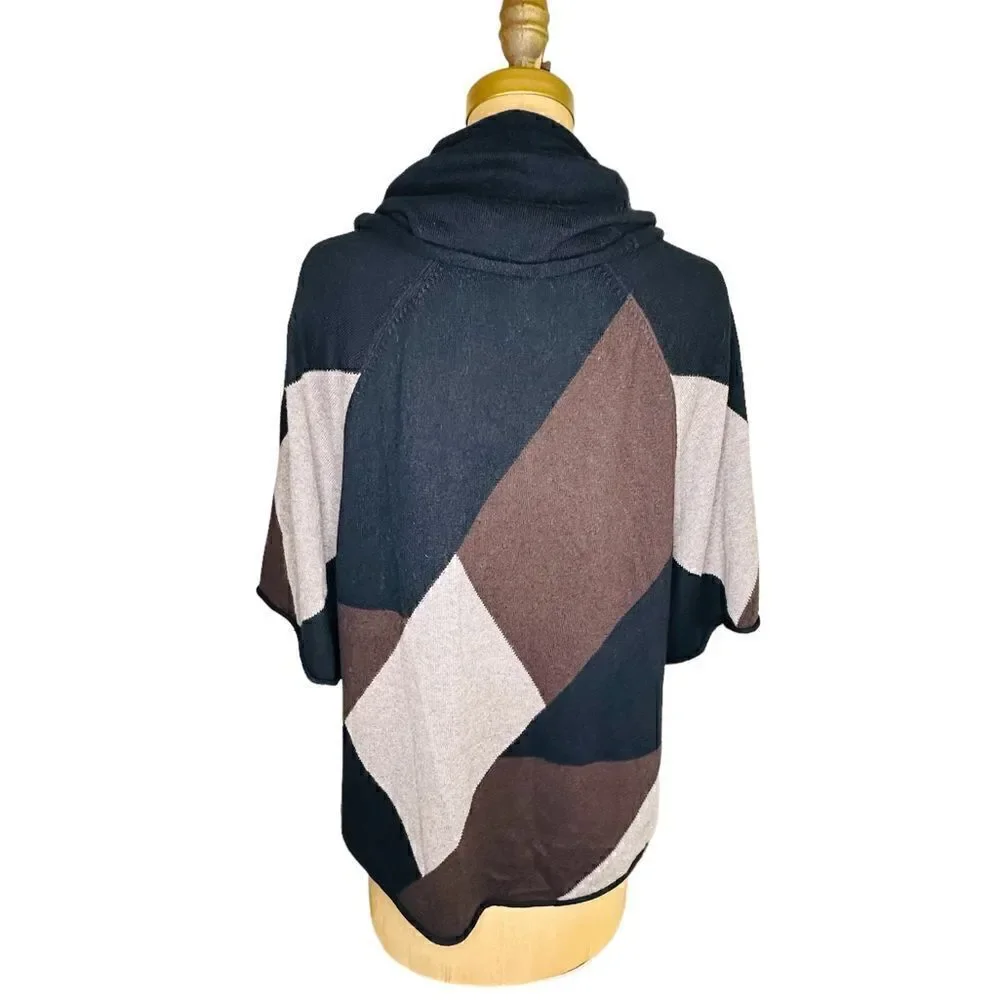 Style & Co Petite Geometric Black and Brown Cowl neck Poncho Sweater Small